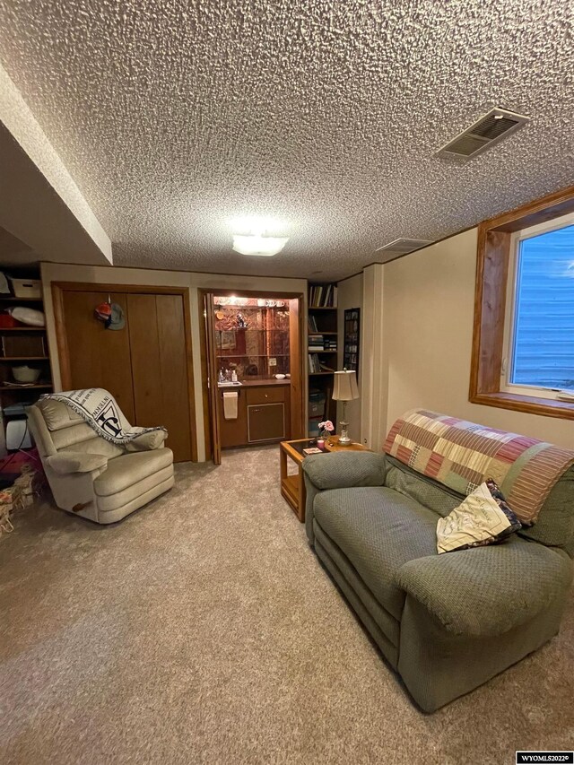 living room featuring carpet flooring and a textured ceiling