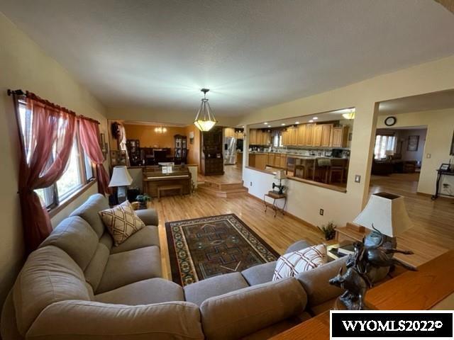 living room with light hardwood / wood-style floors and vaulted ceiling