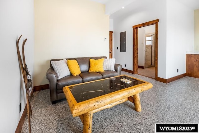 living room featuring electric panel and dark colored carpet