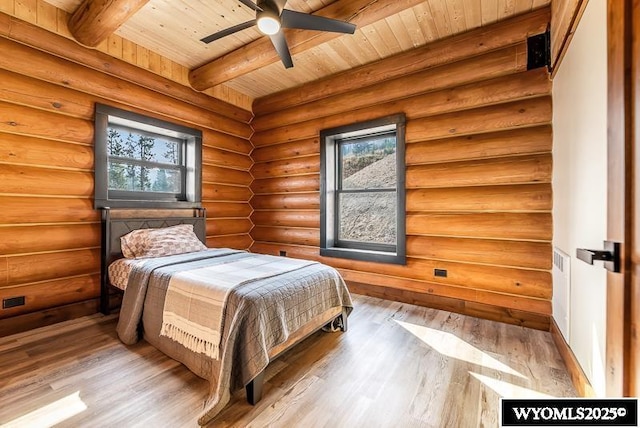 bedroom with hardwood / wood-style flooring, beam ceiling, multiple windows, and wooden ceiling