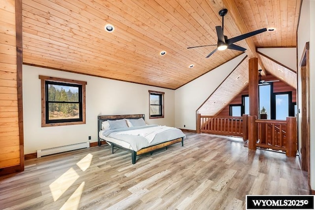 bedroom with hardwood / wood-style flooring, a baseboard radiator, lofted ceiling, and wooden ceiling