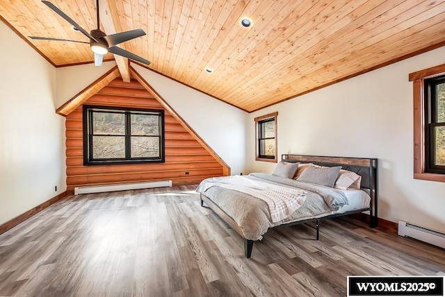 unfurnished bedroom featuring a baseboard heating unit, wood ceiling, lofted ceiling with beams, and hardwood / wood-style flooring