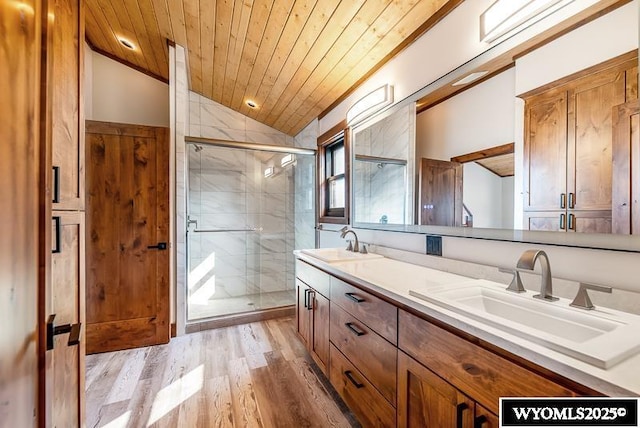 bathroom with wood ceiling, walk in shower, vaulted ceiling, and hardwood / wood-style flooring