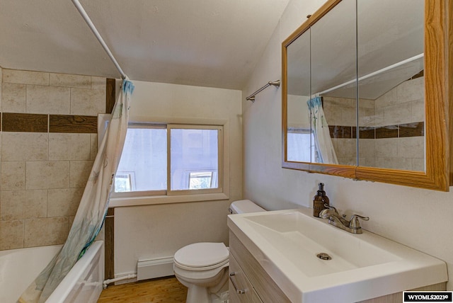 full bathroom with vaulted ceiling, toilet, hardwood / wood-style flooring, a baseboard heating unit, and shower / tub combo with curtain