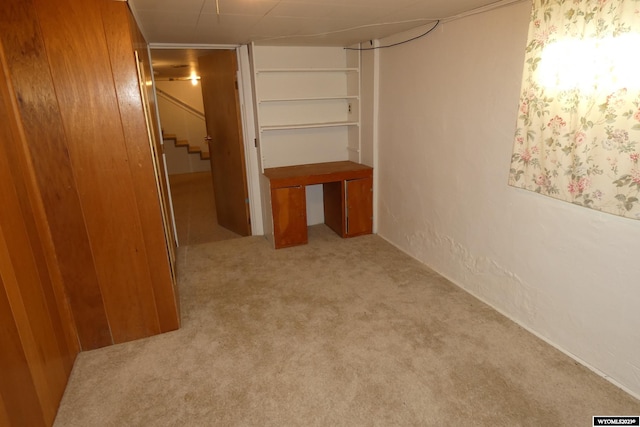 basement featuring light colored carpet