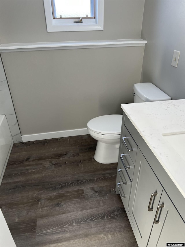 bathroom with wood-type flooring, vanity, and toilet