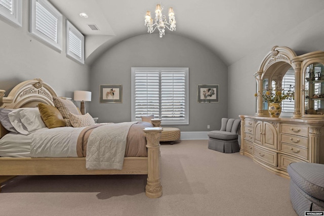 carpeted bedroom featuring vaulted ceiling and a chandelier