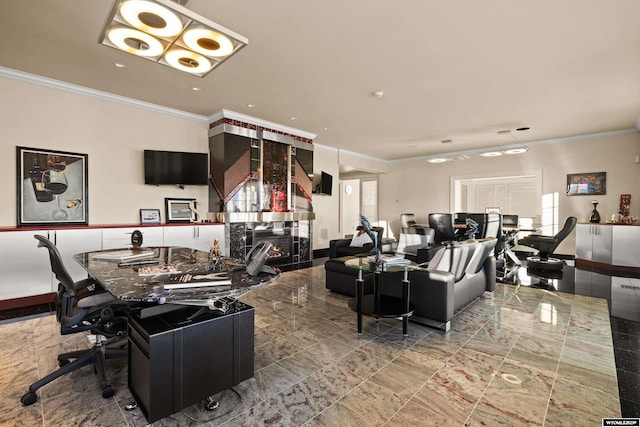 interior space featuring ornamental molding and a premium fireplace