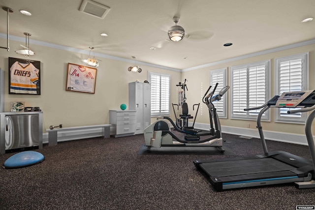 gym featuring crown molding and ceiling fan