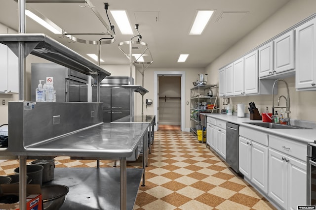 kitchen featuring sink, stainless steel dishwasher, and white cabinets