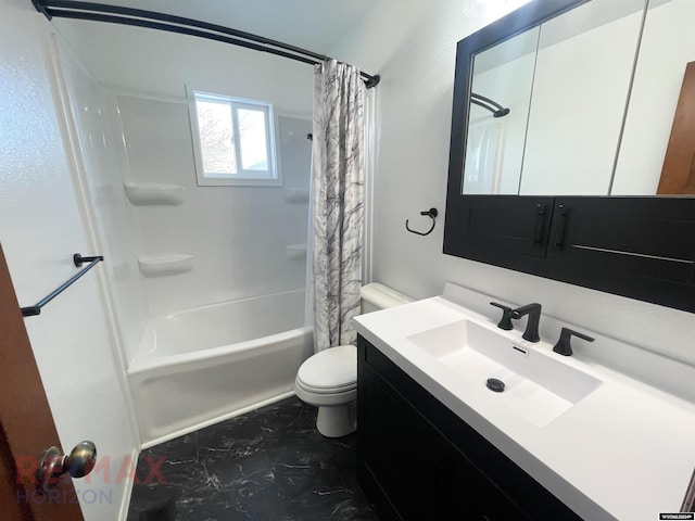 full bathroom featuring vanity, shower / bath combo with shower curtain, and toilet