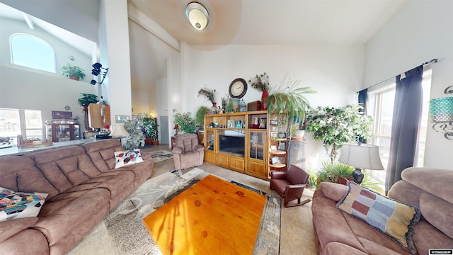 living room with high vaulted ceiling