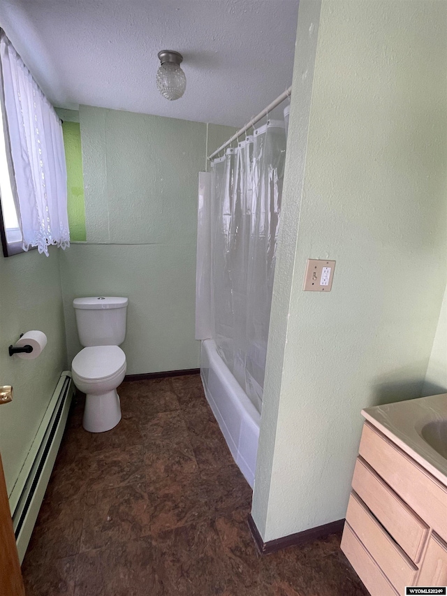 full bathroom with toilet, a baseboard radiator, tile flooring, a textured ceiling, and vanity