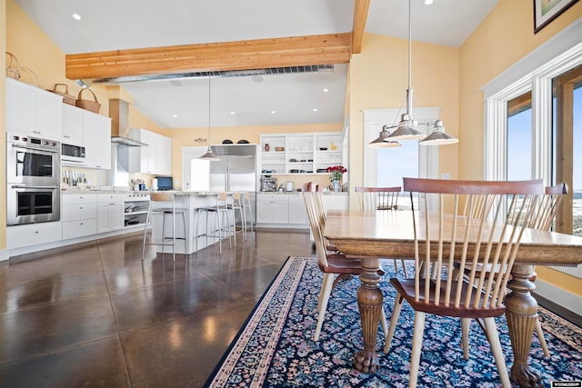 tiled dining space featuring high vaulted ceiling and beamed ceiling