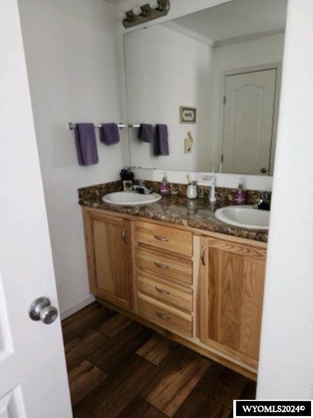 bathroom with vanity and wood-type flooring