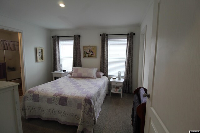 bedroom with carpet flooring and a walk in closet