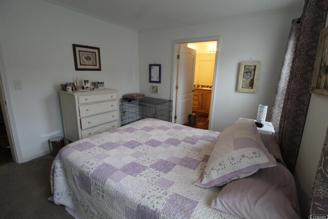 carpeted bedroom featuring connected bathroom and ornamental molding