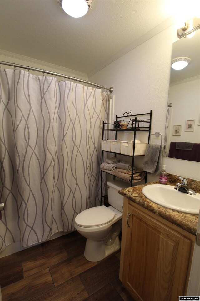 bathroom featuring a shower with shower curtain, vanity, toilet, and wood-type flooring