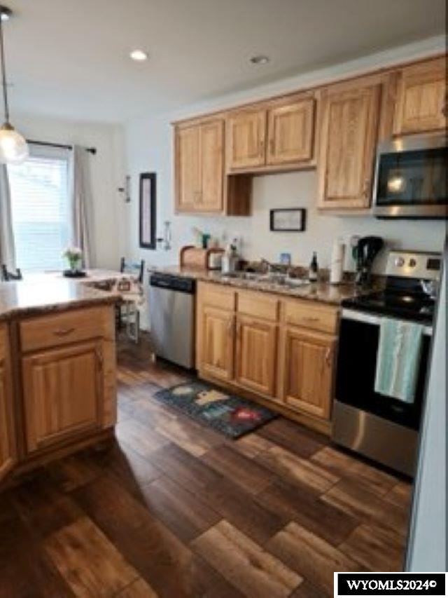 kitchen featuring decorative light fixtures, dark hardwood / wood-style flooring, stainless steel appliances, and sink