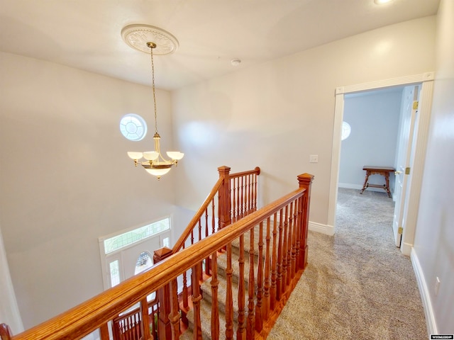 hall with carpet flooring and an inviting chandelier