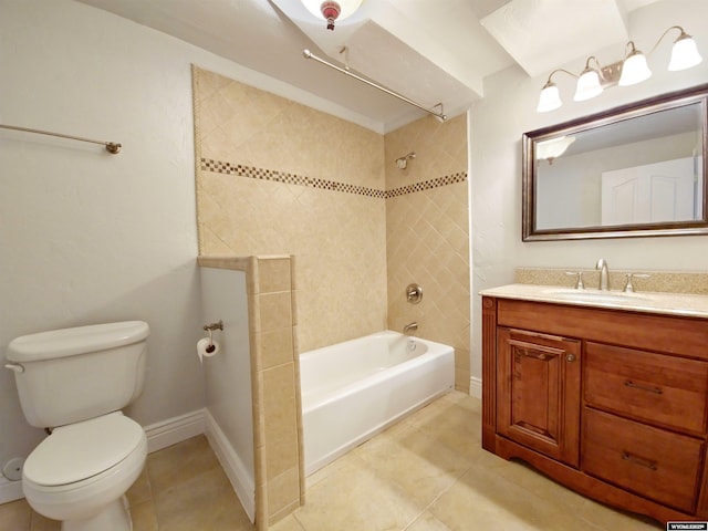 full bathroom with tiled shower / bath combo, vanity, tile patterned flooring, and toilet