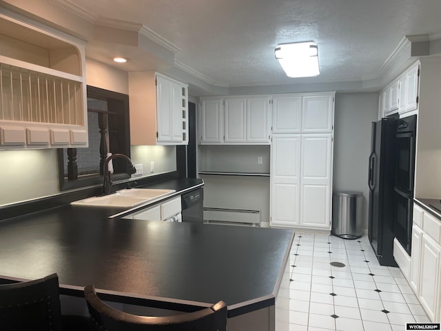 kitchen with ornamental molding, black appliances, white cabinets, and sink