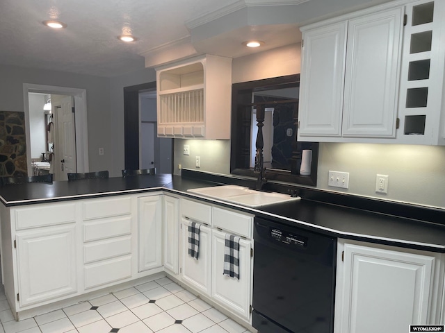 kitchen featuring white cabinets, kitchen peninsula, dishwasher, and light tile floors