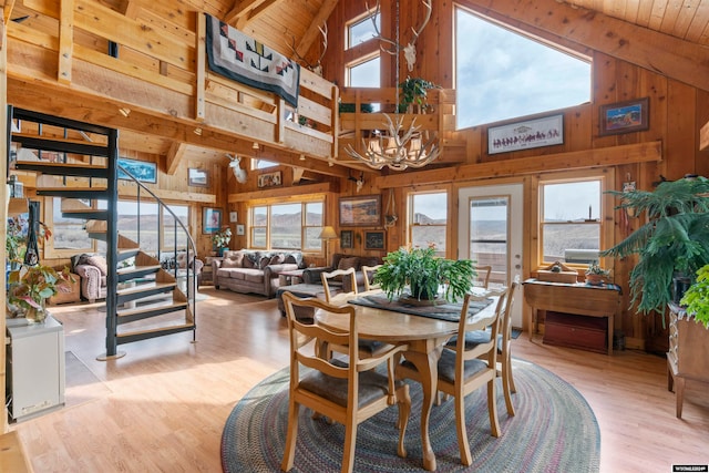 dining space with high vaulted ceiling, light hardwood / wood-style flooring, wood walls, and wood ceiling