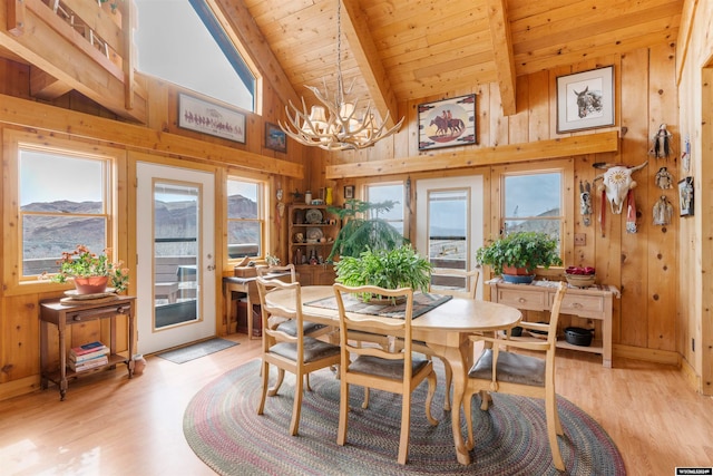 dining room with a notable chandelier, wood walls, and light wood-type flooring