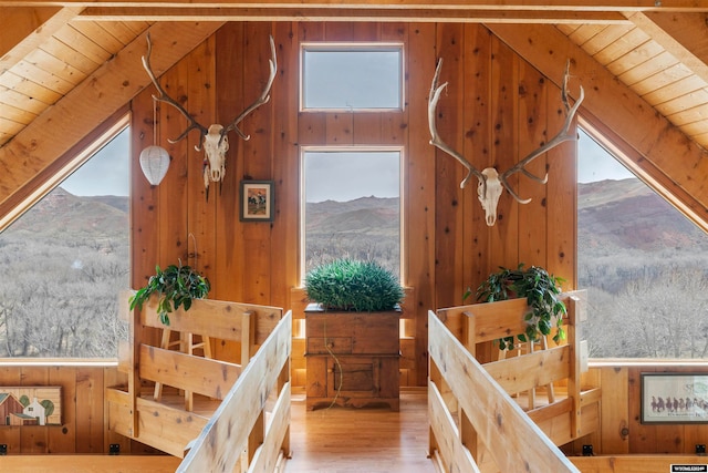 interior space featuring light hardwood / wood-style floors, a mountain view, wooden walls, and wood ceiling