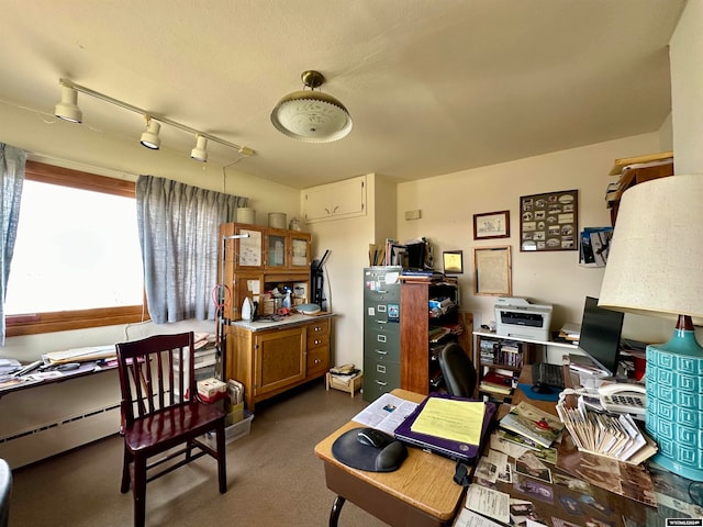 office with rail lighting and a baseboard radiator