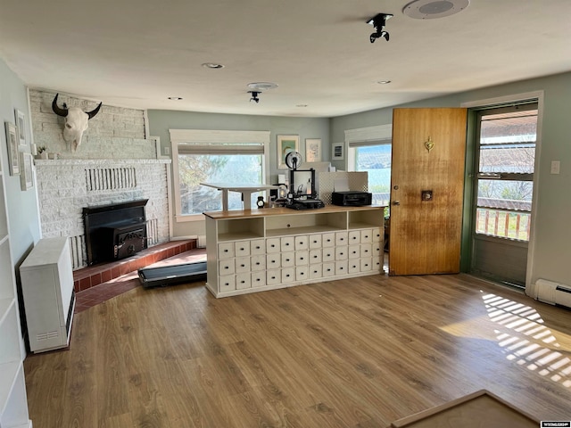 living room with a stone fireplace, hardwood / wood-style flooring, and plenty of natural light