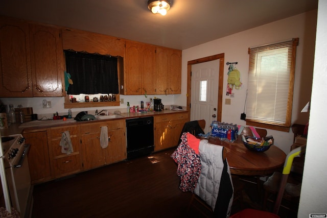 kitchen with white range with electric stovetop, sink, dark wood-type flooring, and black dishwasher