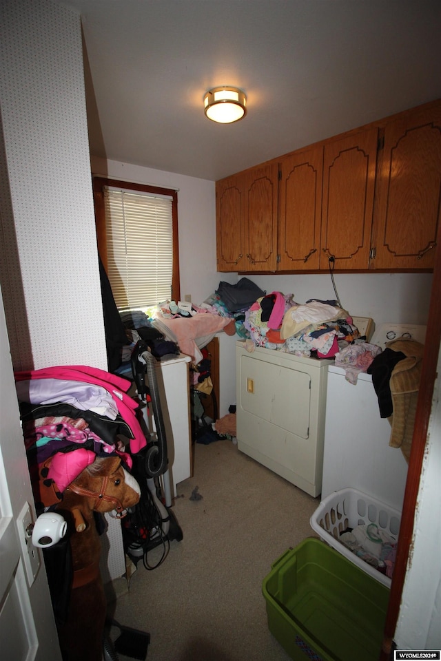 laundry room with light carpet and washer and clothes dryer