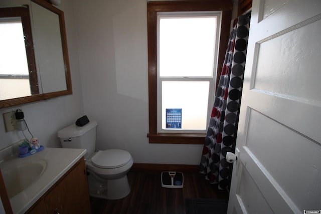 bathroom featuring toilet, vanity, and hardwood / wood-style flooring