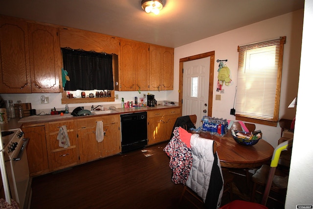 kitchen with dishwasher, dark hardwood / wood-style floors, and white electric range oven