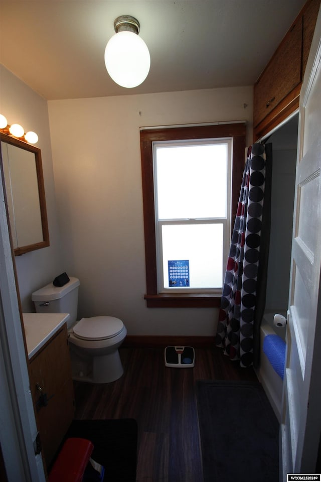 bathroom with toilet, vanity, and hardwood / wood-style flooring