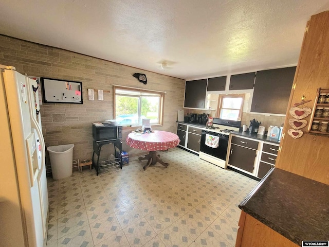 kitchen with white appliances and a textured ceiling