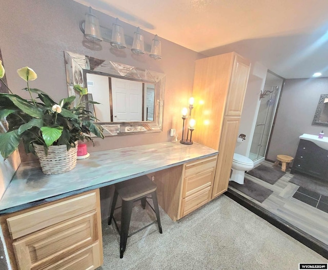 bathroom with vanity, toilet, and an enclosed shower