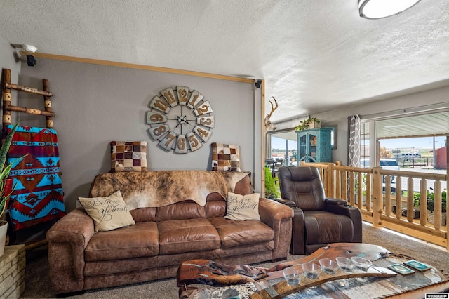 living room with carpet floors and a textured ceiling