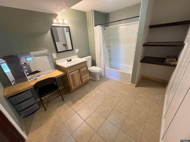 full bathroom featuring shower / bath combo, tile patterned floors, vanity, a textured ceiling, and toilet