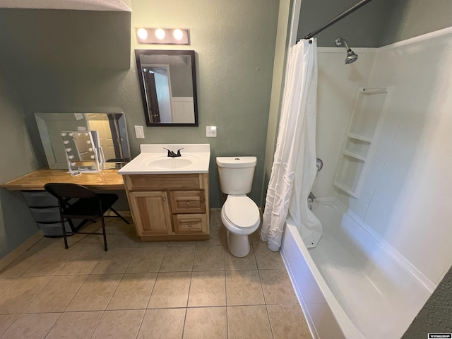 full bathroom featuring tile patterned flooring, shower / bath combination with curtain, vanity, and toilet