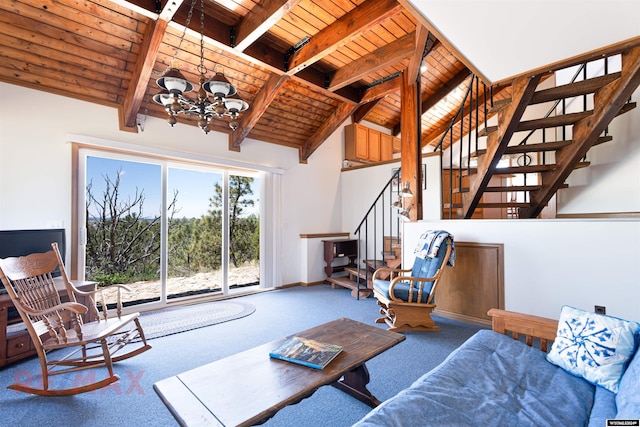 carpeted living room with beamed ceiling, wood ceiling, high vaulted ceiling, and a chandelier