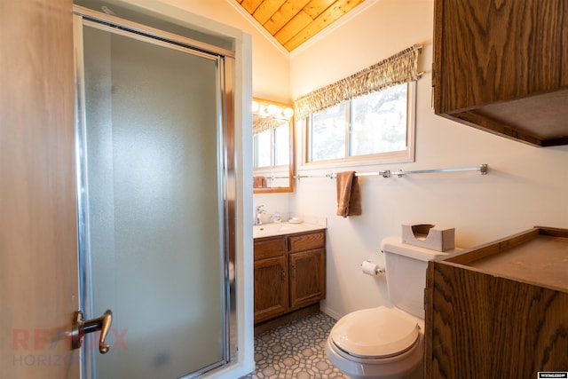 bathroom with tile patterned flooring, vanity, lofted ceiling, and walk in shower