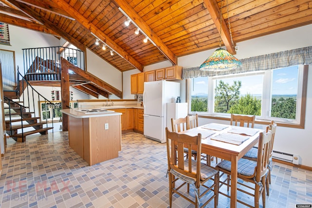 kitchen with white appliances, wooden ceiling, sink, light brown cabinetry, and a kitchen island