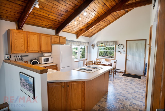 kitchen with beam ceiling, white appliances, hanging light fixtures, and wooden ceiling