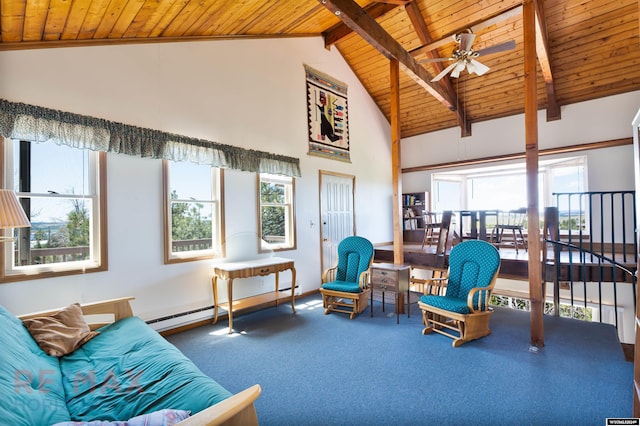 carpeted living room with ceiling fan, beam ceiling, wooden ceiling, and high vaulted ceiling