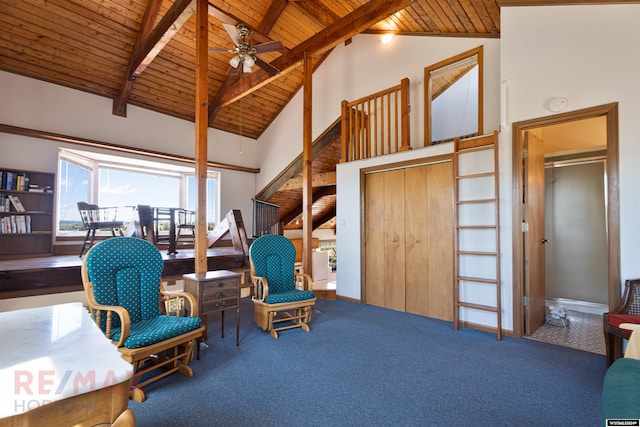 sitting room featuring beamed ceiling, carpet flooring, wooden ceiling, and high vaulted ceiling