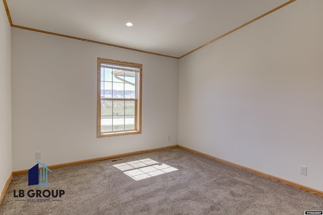 carpeted spare room featuring ornamental molding