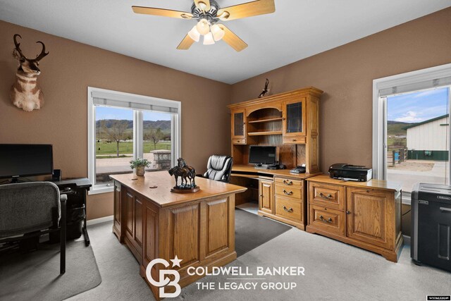 carpeted office space with ceiling fan